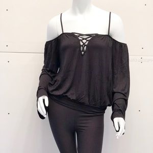Black spaghetti strap cold shoulder top